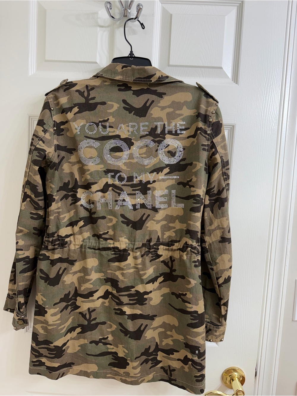 Fasvgo Camo Statement Jacket with Rhinestone 'Coco' Detail - Size M